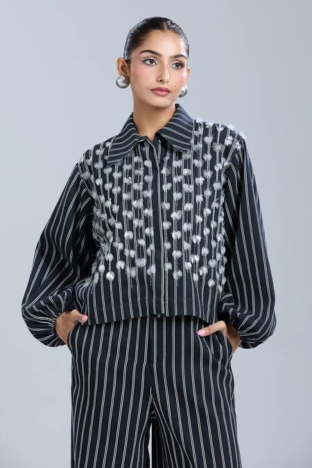 Shop_Dhruv Kapoor_Blue Embroidery Collared Multi Striper Stem Jacket_Online_at_Aza_Fashions