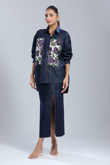 Shop Dhruv Kapoor Blue Denim Embroidery Collared Double Fresco Shirt Online at Aza Fashions Shop_Dhruv Kapoor_Blue Denim Embroidery Collared Double Fresco Shirt _Online_at_Aza_Fashions