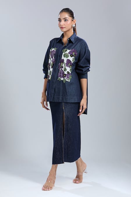 Buy Dhruv Kapoor Blue Denim Embroidery Collared Double Fresco Shirt Buy_Dhruv Kapoor_Blue Denim Embroidery Collared Double Fresco Shirt