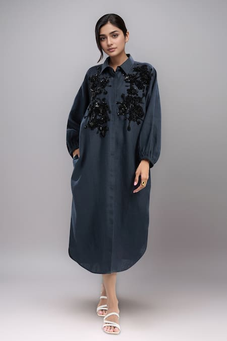 Dhruv Kapoor Black Beads Collared Double Fresco Shirt Dress 