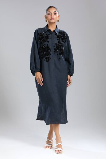 Shop_Dhruv Kapoor_Black Beads Collared Double Fresco Shirt Dress _Online_at_Aza_Fashions