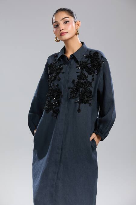 Dhruv Kapoor_Black Beads Collared Double Fresco Shirt Dress _at_Aza_Fashions