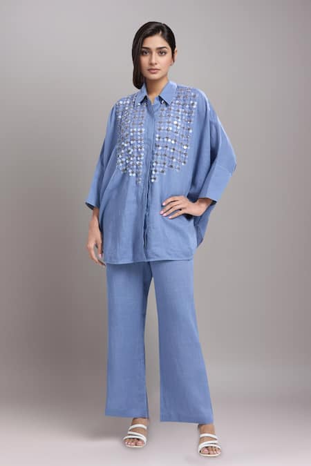 Dhruv Kapoor Blue Sequins Collared Crystal Grid Long Shirt And Pant Set 
