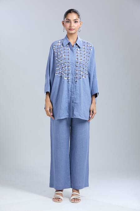 Dhruv Kapoor_Blue Sequins Collared Crystal Grid Long Shirt And Pant Set_Online_at_Aza_Fashions