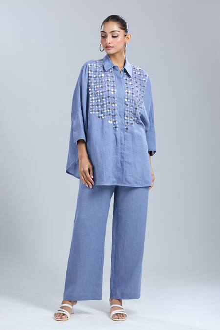 Buy_Dhruv Kapoor_Blue Sequins Collared Crystal Grid Long Shirt And Pant Set_Online_at_Aza_Fashions