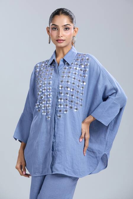 Shop_Dhruv Kapoor_Blue Sequins Collared Crystal Grid Long Shirt And Pant Set_Online_at_Aza_Fashions