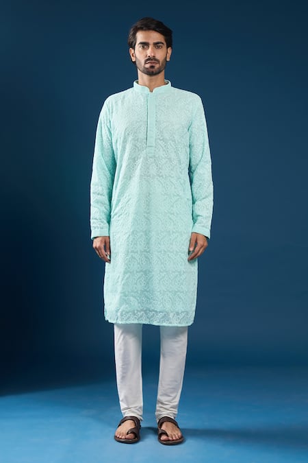 Buy_Arihant Rai Sinha_Green Georgette, Polyester, Cotton Embroidery Chikankari Sea Kurta Pyjama Set _Online_at_Aza_Fashions