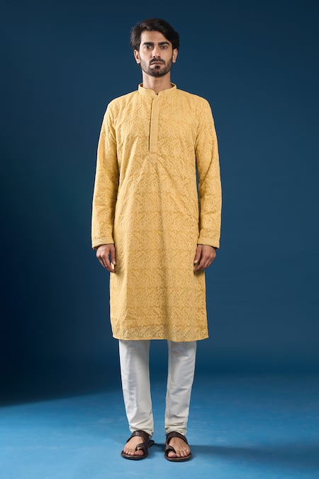 Buy_Arihant Rai Sinha_Mustard Georgette, Polyester, Cotton Embroidery Chikankari Yellow Kurta Set _Online_at_Aza_Fashions