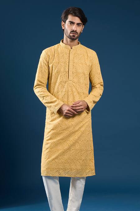 Shop_Arihant Rai Sinha_Mustard Georgette, Polyester, Cotton Embroidery Chikankari Yellow Kurta Set _Online_at_Aza_Fashions