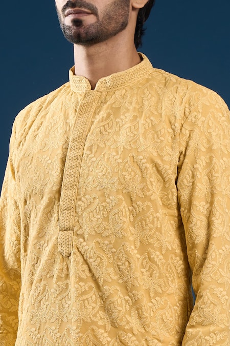 Arihant Rai Sinha_Mustard Georgette, Polyester, Cotton Embroidery Chikankari Yellow Kurta Set _at_Aza_Fashions