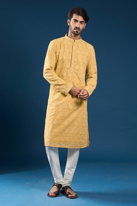 Arihant Rai Sinha Chikankari Mustard Yellow Kurta Set 