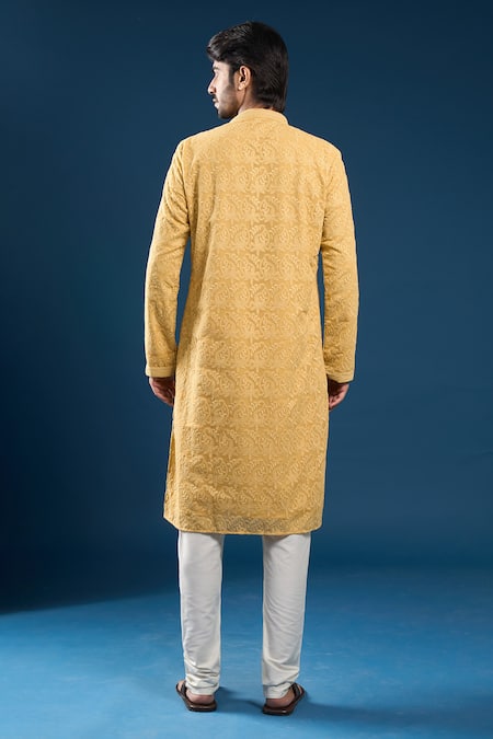 Arihant Rai Sinha Chikankari Mustard Yellow Kurta Set 