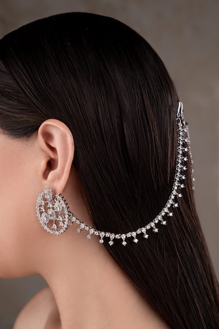 Shop Anana Silver Plated Crystals Designer Ear Chain at Aza Fashions Shop_Anana_Silver Plated Crystals Designer Ear Chain _at_Aza_Fashions