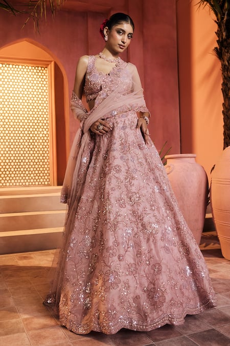 Buy_Aneesh Agarwaal_Pink Silk Organza, Net Sequins, Embroidery Round Onion Designer Lehenga Set _Online_at_Aza_Fashions