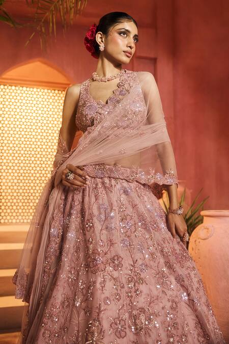 Shop_Aneesh Agarwaal_Pink Silk Organza, Net Sequins, Embroidery Round Onion Designer Lehenga Set _Online_at_Aza_Fashions