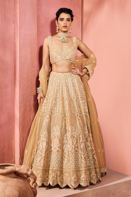 Buy_Aneesh Agarwaal_Gold Silk Organza, Net Sequins, Embroidery Sweetheart Champagne Lehenga Set _Online_at_Aza_Fashions