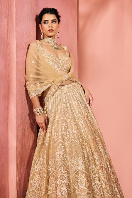 Shop_Aneesh Agarwaal_Gold Silk Organza, Net Sequins, Embroidery Sweetheart Champagne Lehenga Set _Online_at_Aza_Fashions