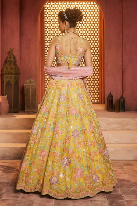 Aneesh Agarwaal Yellow Floral Embroidered Lehenga Set