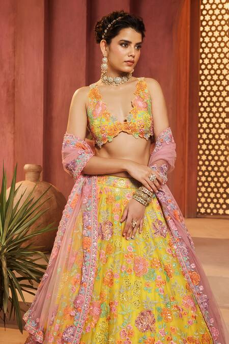 Aneesh Agarwaal_Yellow Silk Organza, Net Embroidery Sweetheart Neck Floral Lehenga Set _Online_at_Aza_Fashions