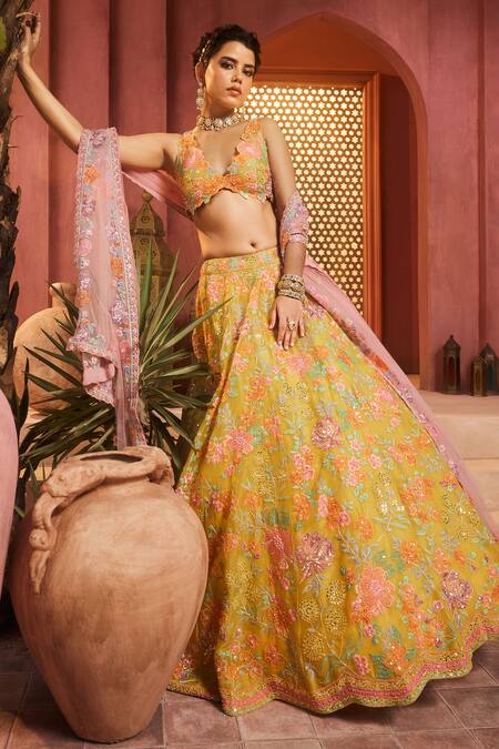 Buy_Aneesh Agarwaal_Yellow Silk Organza, Net Embroidery Sweetheart Neck Floral Lehenga Set _Online_at_Aza_Fashions