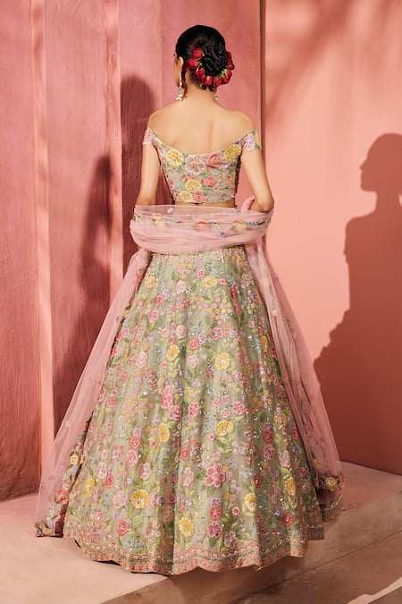 Aneesh Agarwaal Mint Green Floral Embroidered Lehenga Set 