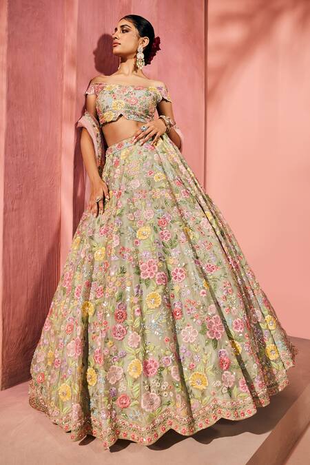 Shop_Aneesh Agarwaal_Green Silk Organza, Net Embroidery Off-shoulder Mint Floral Lehenga Set _Online_at_Aza_Fashions
