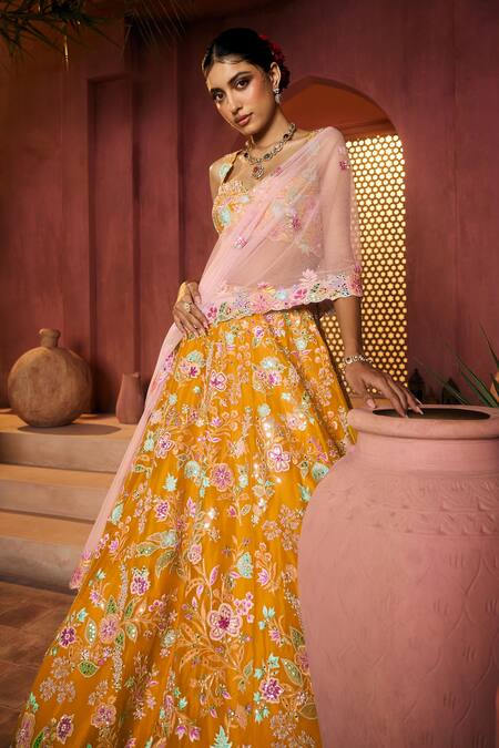 Buy_Aneesh Agarwaal_Yellow Silk Organza, Net Embroidery Sweetheart Neck Floral Lehenga Set _Online_at_Aza_Fashions