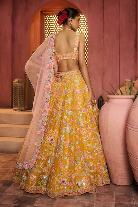 Aneesh Agarwaal Floral Yellow Silk Organza Lehenga Set 