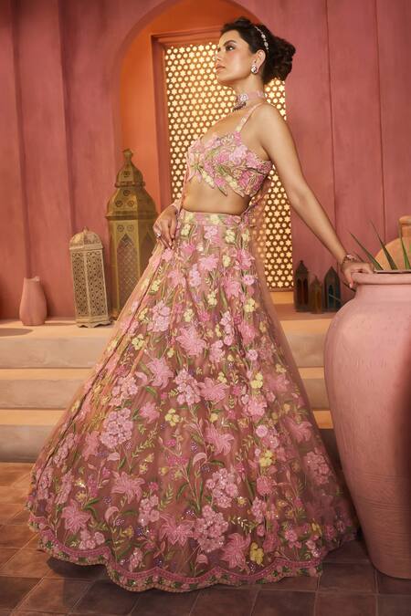 Aneesh Agarwaal_Pink Silk Organza, Net Sequins, Embroidery Sweetheart Neck Floral Lehenga Set _at_Aza_Fashions