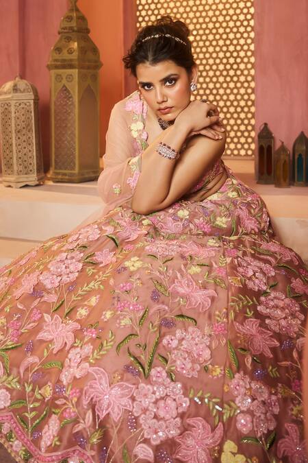 Buy_Aneesh Agarwaal_Pink Silk Organza, Net Sequins, Embroidery Sweetheart Neck Floral Lehenga Set 