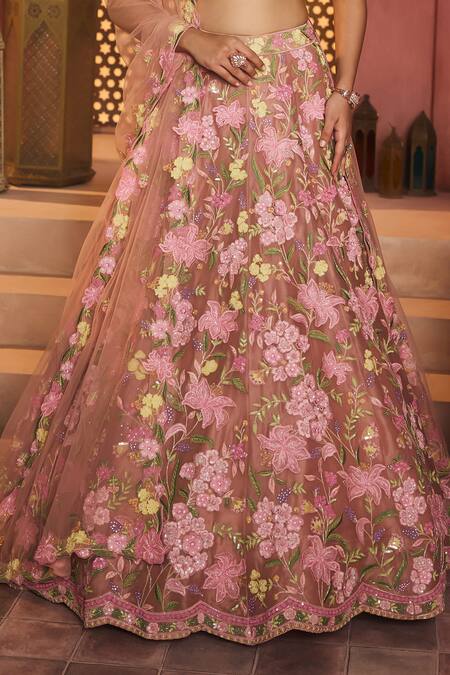 Shop_Aneesh Agarwaal_Pink Silk Organza, Net Sequins, Embroidery Sweetheart Neck Floral Lehenga Set 