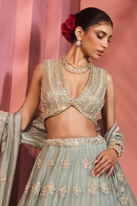 Aneesh Agarwaal_Blue Silk, Tissue Sequins, Embroidery V-neck Light Designer Lehenga Set _Online_at_Aza_Fashions