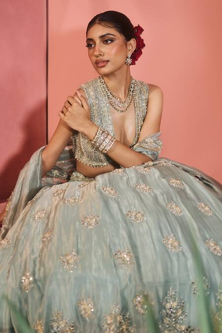 Buy_Aneesh Agarwaal_Blue Silk, Tissue Sequins, Embroidery V-neck Light Designer Lehenga Set _Online_at_Aza_Fashions