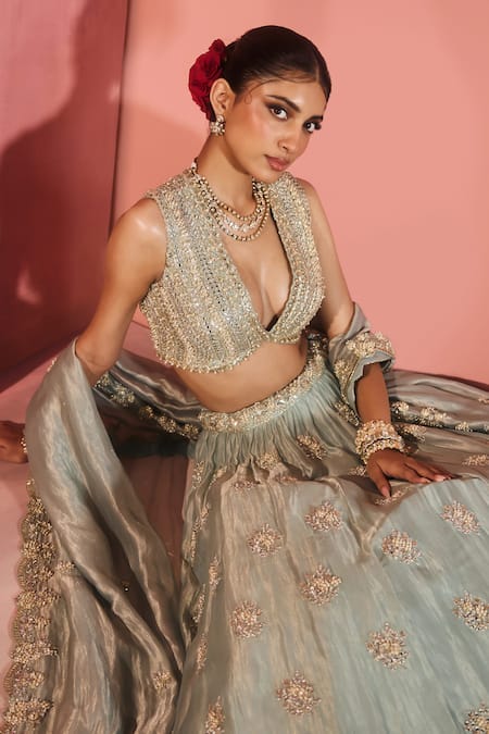 Shop_Aneesh Agarwaal_Blue Silk, Tissue Sequins, Embroidery V-neck Light Designer Lehenga Set _Online_at_Aza_Fashions