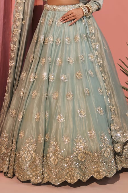 Aneesh Agarwaal_Blue Silk, Tissue Sequins, Embroidery V-neck Light Designer Lehenga Set _at_Aza_Fashions