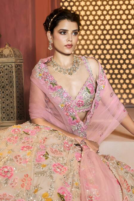 Buy_Aneesh Agarwaal_Ivory Silk Organza, Net Embroidery, Sequins Sweetheart Neck Floral Lehenga Set _Online_at_Aza_Fashions