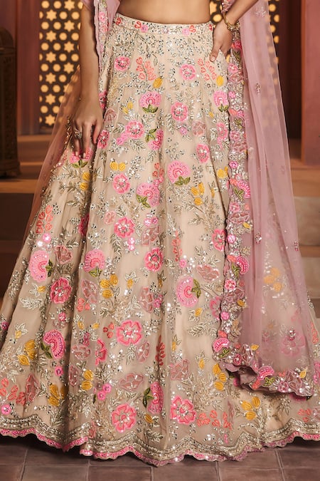 Shop_Aneesh Agarwaal_Ivory Silk Organza, Net Embroidery, Sequins Sweetheart Neck Floral Lehenga Set _Online_at_Aza_Fashions