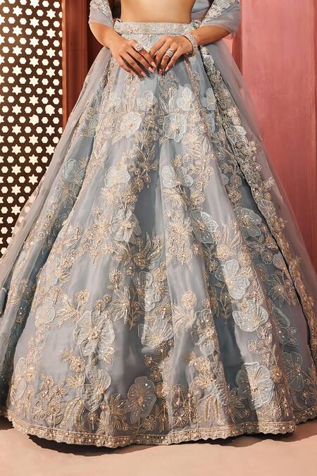 Aneesh Agarwaal_Blue Silk Organza, Net Embroidery, Sequins Light Designer Lehenga Set _Online_at_Aza_Fashions