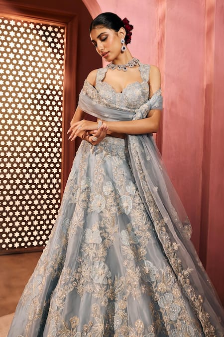 Shop_Aneesh Agarwaal_Blue Silk Organza, Net Embroidery, Sequins Light Designer Lehenga Set _Online_at_Aza_Fashions