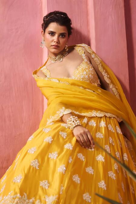 Aneesh Agarwaal_Yellow , Taffeta, Organza Embroidery Sweetheart Neck Lehenga Set _Online_at_Aza_Fashions