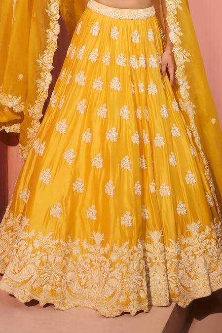 Buy_Aneesh Agarwaal_Yellow , Taffeta, Organza Embroidery Sweetheart Neck Lehenga Set _Online_at_Aza_Fashions