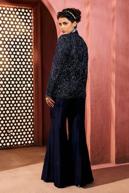 Aneesh Agarwaal Navy Blue Sequin Blazer & Sharara Set 