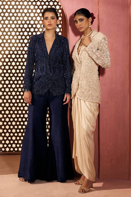 Shop_Aneesh Agarwaal_Navy Net, Silk Beads Blue Sequin Blazer And Sharara Set _Online_at_Aza_Fashions