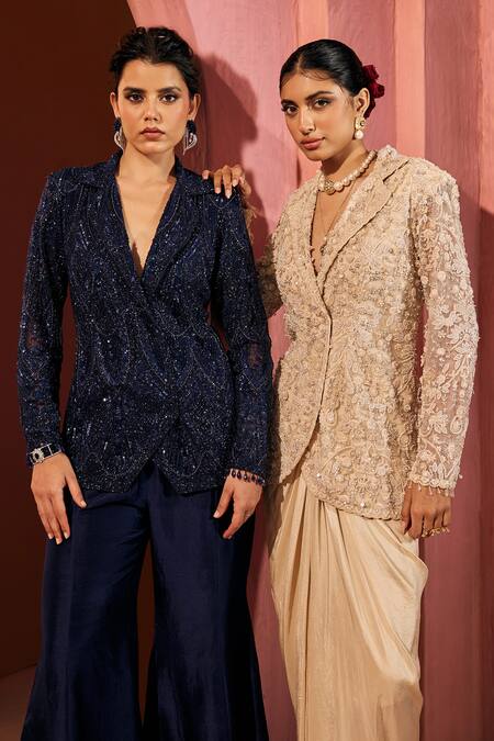 Buy_Aneesh Agarwaal_Navy Net, Silk Beads Blue Sequin Blazer And Sharara Set 