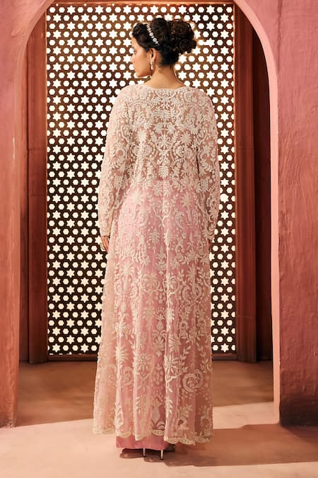 Aneesh Agarwaal Pink Embroidered Jacket & Draped Skirt Set 