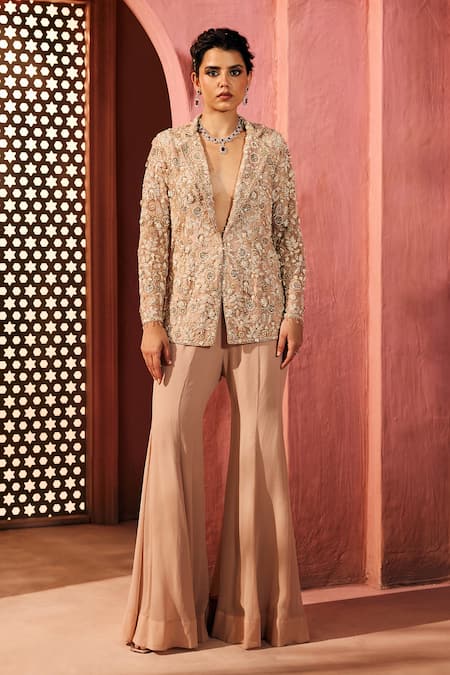 Aneesh Agarwaal Beige Net, Silk, Chiffon Sequins, Embroidery Embellished Jacket And Sharara Set
