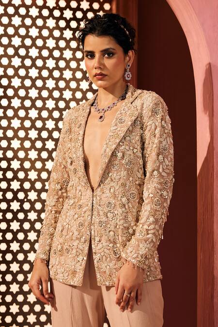 Shop_Aneesh Agarwaal_Beige Net, Silk, Chiffon Sequins, Embroidery Embellished Jacket And Sharara Set _Online_at_Aza_Fashions