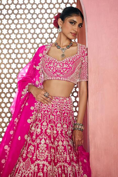Aneesh Agarwaal_Fuchsia Silk Organza Sequins, Embroidery Sweetheart Neck Fuschia Lehenga Set _Online_at_Aza_Fashions