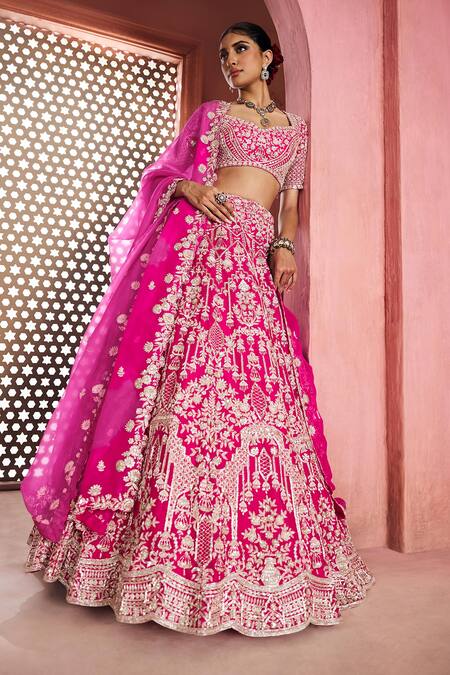 Buy_Aneesh Agarwaal_Fuchsia Silk Organza Sequins, Embroidery Sweetheart Neck Fuschia Lehenga Set _Online_at_Aza_Fashions