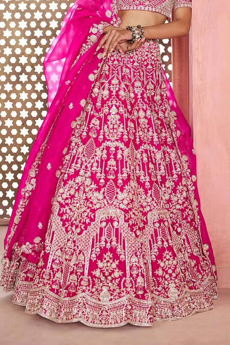 Shop_Aneesh Agarwaal_Fuchsia Silk Organza Sequins, Embroidery Sweetheart Neck Fuschia Lehenga Set _Online_at_Aza_Fashions